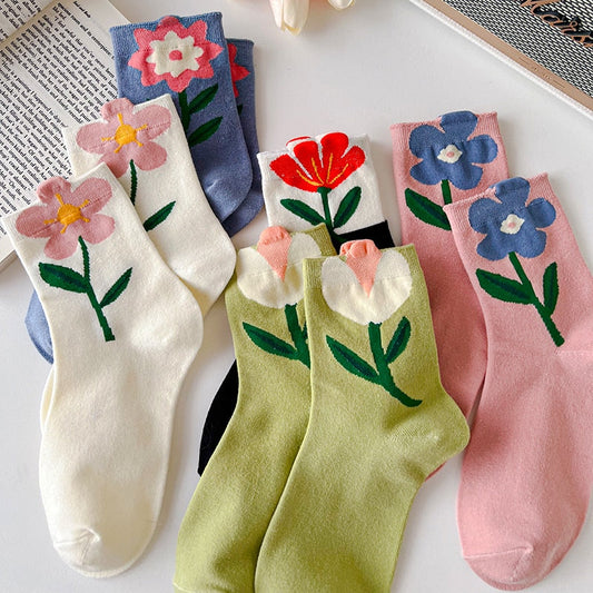 1 Paire de Chaussettes Femme Style Coréen Cartoon Flower Candy Color Harajuku Kawaii Mid Tube Socks Breathable Casual Short Socks